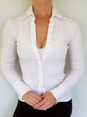 Anne Fontaine Paris white stretch knit collared button down blouse size 34